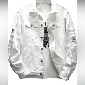 White Distressed Denim Jacket - Men